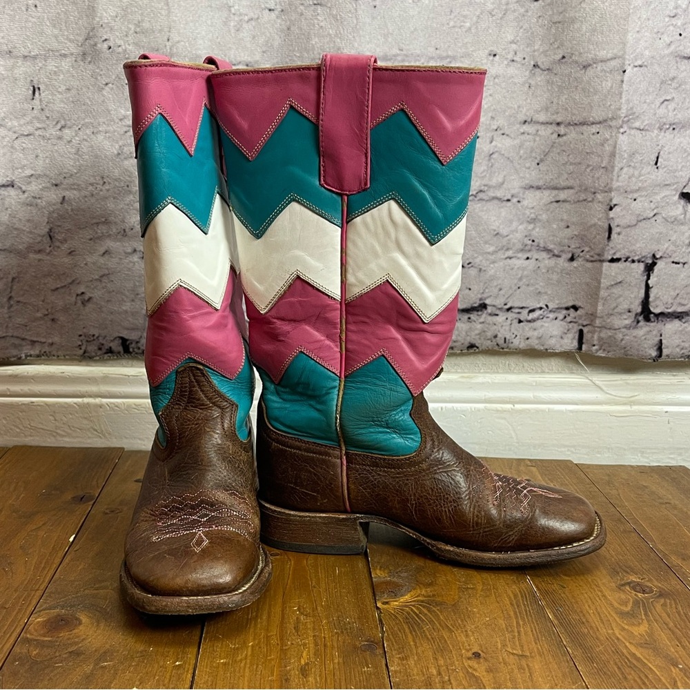 Macie Bean Girls Brown Western Boots with Pink, Teal & White Chevron Shaft